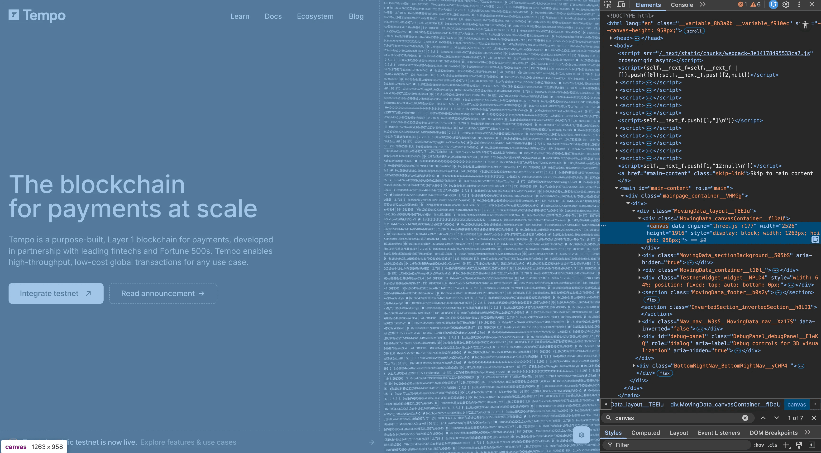 DOM inspection showing canvas element and Three.js structure